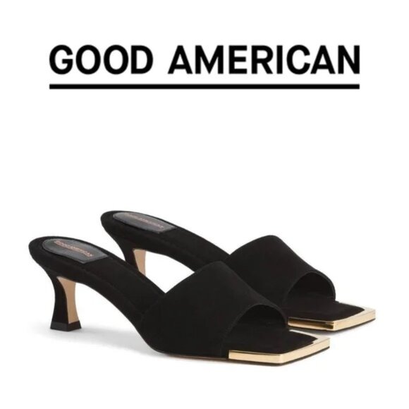 Good American The Standout Square Toe Slide Black Gold Sz 10 Cocktail Wedding - Picture 1 of 9
